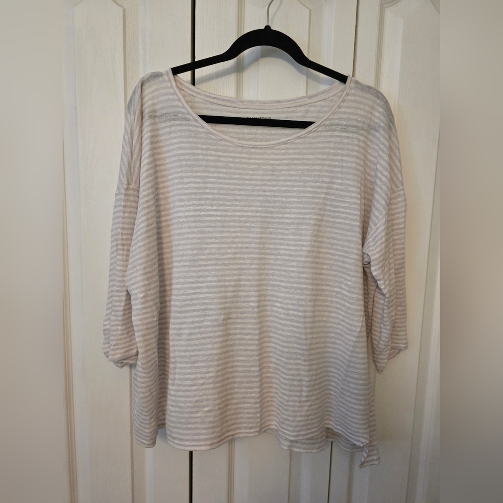 EILEEN FISHER 100% Organic Linen Casual Striped Women's Top - Cream And White